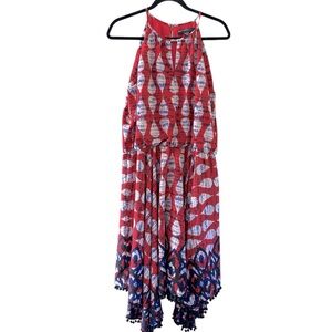 Maggy London Halter Keyhole Dress Scarf Hem Pom Pom Red Blue Size 14 Like New